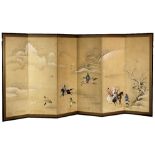 Japanese six-panel screen, Edo period, ink and colors on paper, depicting falconry in winter