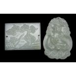 (lot of 2) Chinese jade plaque, of a seated Guanyin; together with a rectangular glass plaque of a