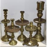 (lot of 5) Large brass turned liturgical candlestick group, largest: 26.5"h