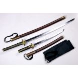 (lot of 3) Japanese one katana and one wakizashi, gunto style in brown leather saya, each with