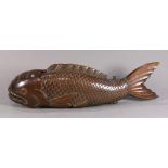 Japanese jizaikagi (hearth hook) wooden koi carp, Meiji period, with an iron hook and open mouth,