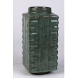 Chinese Guan type vase, of cong form with a short cylindrical neck and square sectioned body, 7.75"