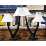 (lot of 2) Custom Moderne rustic lamp group, each having two branches, with linen shades and a