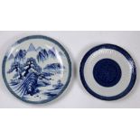 (lot of 2) Japanese blue-and-white charger, depicting a landscape; together with an Arita plate,