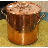 Large French copper stock pot with lid, having a hammered body, impressed Williams Sonoma France,