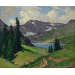 Frank Peyraud (American 1858-1998), Purple Mountain Vista and Lake, oil on masonite, signed lower