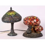 (lot of 2) Leaded glass table lamp group, consisting of a Tiffany-style leaded glass lamp having a