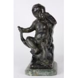 Patinated bronze figural sculpture, after Houdon, modeled as a seated child rubbing his eyes, rising