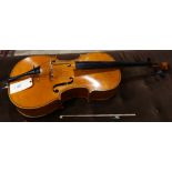 Student cello, retains Glaesel Shop, Ohio label, 1988, 44"l