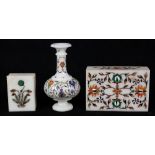 (lot of 3) Indian Pietra Dura table articles, consisting of (2) boxes, largest 2"h x 4"w x 6"d;