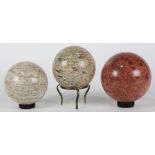 (lot of 3) Stone sphere group, consisting of various spheres, executed in marble, granite, etc.