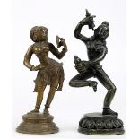 (lot of 2) Indian bronze sculpture, of a standing beauty holding a mirror; together with a Himalayan