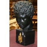 Classical style ebonized figural bust, rising on a plinth base centered with a gilt accent, 21"h