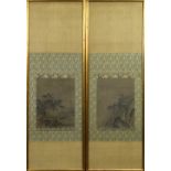 (lot of 2) Japanese framed scrolls, ink on silk, landscapes with figures, painting: 13"h x 9.75"w