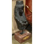 Patinated bronze sculpture of an Egyptian goddess, mounted on a marble base, 34"h x 12" x 12"