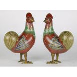 Pair of Chinese cloisonne sculptures, each in the form of a rooster, the body of brick colored