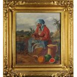 Roadside Produce Vendor, oil on canvas, unsigned, 20th century, overall (with frame): 21.5"h x 19.