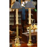 Pair of Neoclassical style brass lamps, each having a single light above a columnar standard, 33"h x