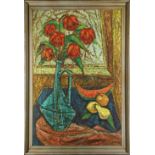 Lillian Goldberg (American, 20th century), Still Life in the Window," oil on masonite, signed