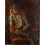 Continental School (20th Century), Young Man Reading, oil on canvas, signed indistinctly "M.U.