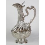 Rococo-style French sterling silver mounted claret jug, 11"h