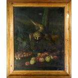 European School (19th century), Still Life with Owl and Apples, oil on canvas, unsigned, overall (