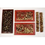 (lot of 5) Chinese wood fragments/panels, two featuring figures, and three carved with birds-and-