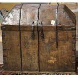 Continental wood storage box circa 1840, having a coffin top with original hardware, and metal
