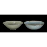 (lot of 2) Chinese qingbai/yingqing glazed bowls, one with a child and peonies; the other with