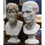 (lot of 2) Classical style composition busts, each depicting a male and rising on a circular base,