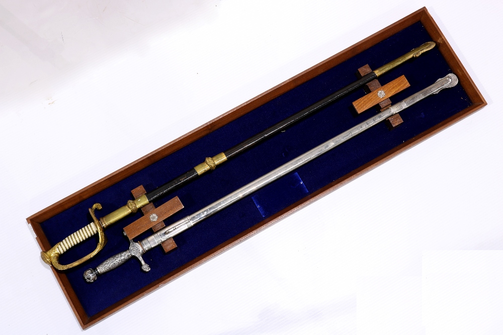 (lot of 2) Decorative Military parade swords, one having a silvered finish by Eickhorn, largest: