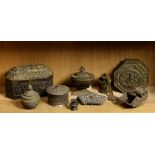 (lot of 9) Himalayan metalwork items, including four boxes, a skull cup and stand, two pouches and a