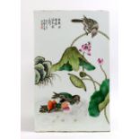 Chinese porcelain plaque, with Mandarin ducks and lotus, the left bearing signature Yu Hanqing, 16.