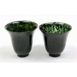 Pair of Chinese spinach jade cups, each with flaring mouth and body raised on a recessed foot, 2.8"