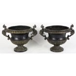 Pair of Renaissance Revival patinated metal jardinieres, each urn form with lotus and palmette