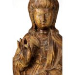 Chinese wooden sculpture of Guanyin, the standing bodhisattva holding an amphora, accompanied by