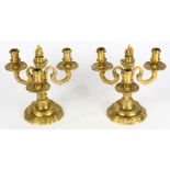 Pair of Louis XV style gilt bronze candelabras, each having a flame finial above three lights, 10"h