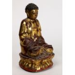 Chinese gilt lacquered wood Buddha, in dhyana mudra seated on a double lotus pedestal, 10.75"h