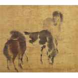 Japanese framed scroll, ink and color on silk, depicting three horses, painting: 16.5"h x 19.5"w,