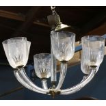 Moderne Murano chandelier, having six lights, with clear glass shades, above tubular supports, 25"h