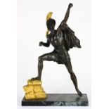 Patinated figural sculpture of a Classical style warrior, depicted with arm outstretched, and rising