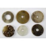 (lot of 6) Chinese hardstone/jade bi-disc, consisting of a plain disc and four in archaistic