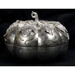 Chinese silver plated sweet meat box, of pumpkin form with applique butterflies on the lid, the