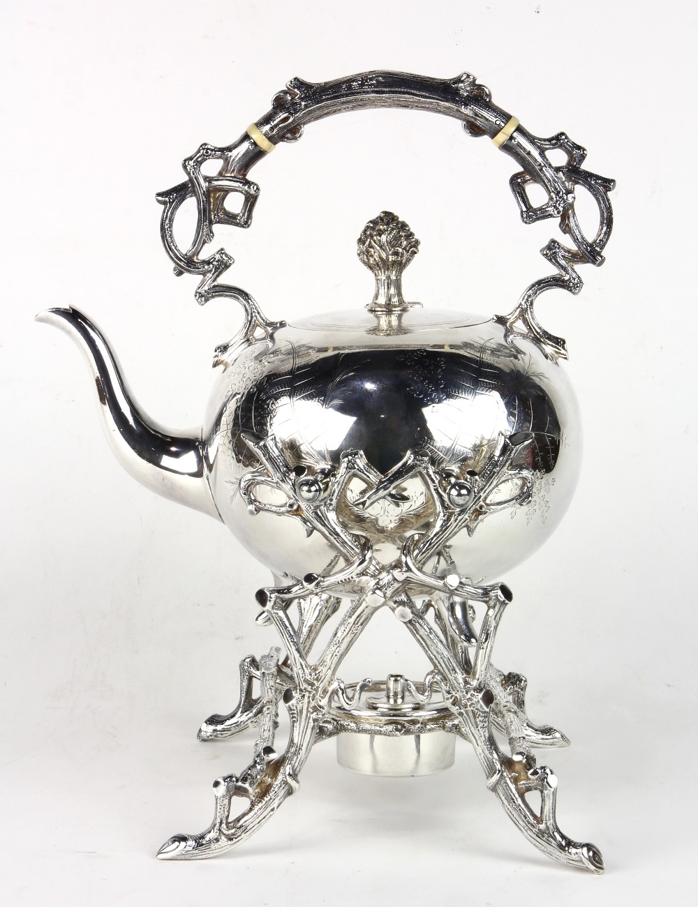 Aesthetic Movement silver plate teapot on stand,13"h x 8"w x 11"d