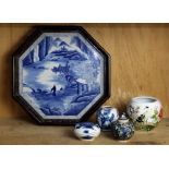(lot of 5) One shelf of Chinese porcelain, consisting of a blue-and-white jarlet, an ovoid brush
