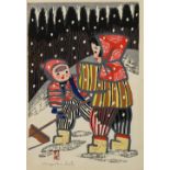 Saito Kiyoshi (Japanese, 1907-1997), 'Children in Snow', woodblock print, lower left with the