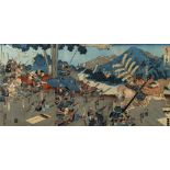 Ichimosai Yoshitora (Japanese, 1827-1880), 'The Battle of Mino', woodblock print triptych, with