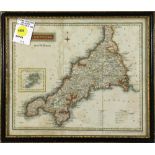 Copper-engraved map with hand-coloring, "Cornwall," engraved by Bingley, published by Simpkin &