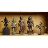 (lot of 5) One shelf of South Asian items, consisting of an Indian bronze Ganesha; a candle holder