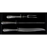 (lot of 3) Wallace sterling carving set, consisting of a fork, knife, and sharpener, 15"l